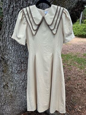 Sky Studio Cream Midi Dress with Layered Peter Pan  Collar and Brown Trim.Size S